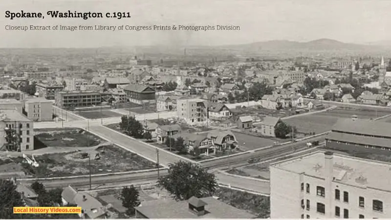 Closeup extract of an old photograph from about 1911 showing a panorama of Spokane in Washington