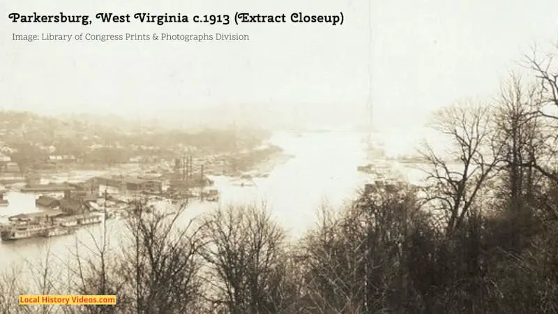 Closeup of an extract of an old photo panorama of Parkersburg, West Virginia, taken around 1913 during heavy flooding