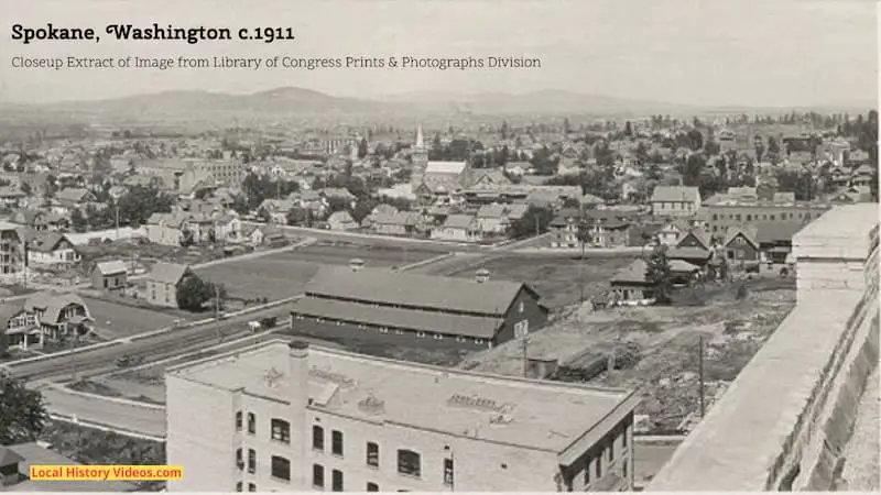 Closeup extract of an old photograph from about 1911 showing a panorama of Spokane in Washington