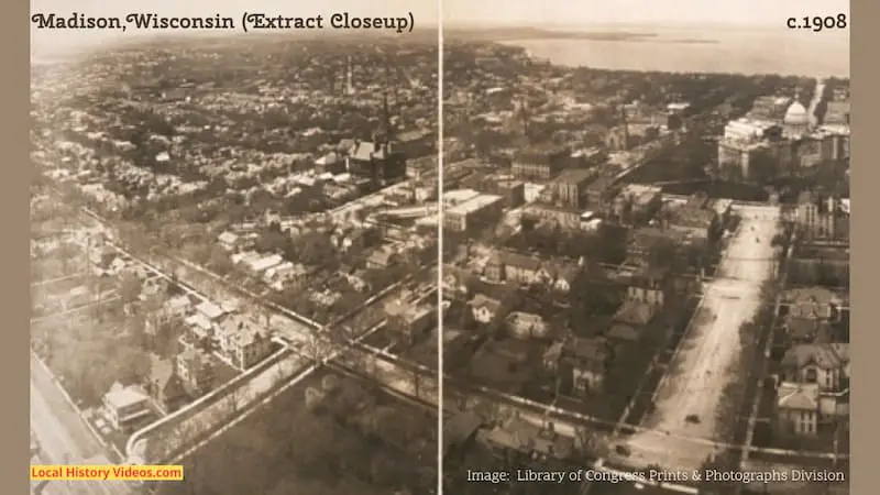 Closeup of an extract from an old photo of a bird's-eye view of Madison, Wisconsin, taken around 1908.