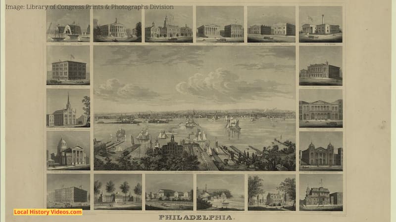 Old illustration of key landmarks in Philadelphia, Pennsylvania