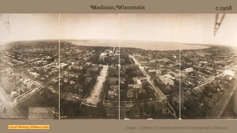 Old photo of a bird's-eye view of Madison, Wisconsin, taken around 1908.