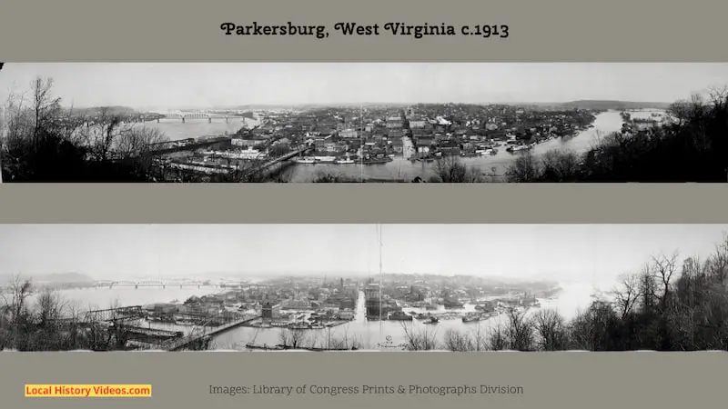 Two old photo panoramas of Parkersburg, West Virginia, taken around 1913 during heavy flooding