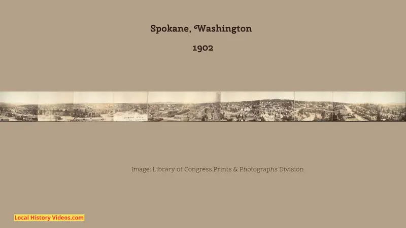 Old photograph from about 1902 showing a panorama of Spokane in Washington