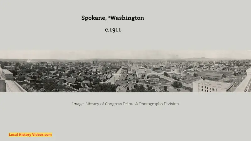 Old photograph from about 1911 showing a panorama of Spokane in Washington