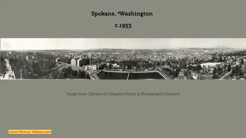 Old photograph from about 1953 showing a panorama of Spokane in Washington