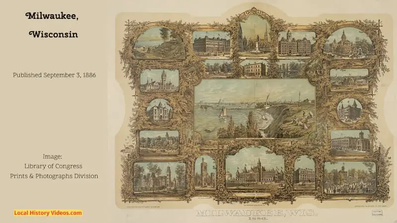1886 montage of illustrations of key locations in Milwaukee Wisconsin