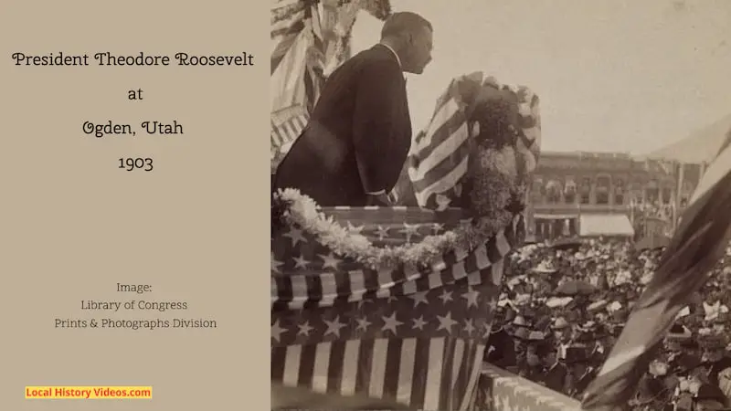 Old photo of President Theodore Roosevelt speaking to a large crowd at Odgen Utah in 1903