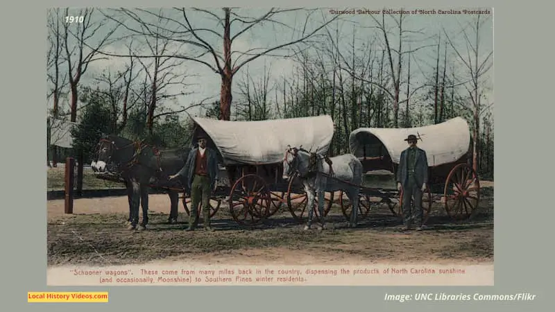 Old postcard of the Schooner Wagons, which brough goods to the winter residents of Southern Pines, North Carolina