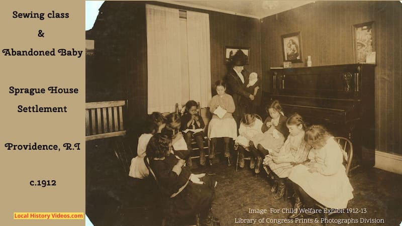 Old photo of a sewing class at Sprague House Settlement Providence Rhode Island around 1912