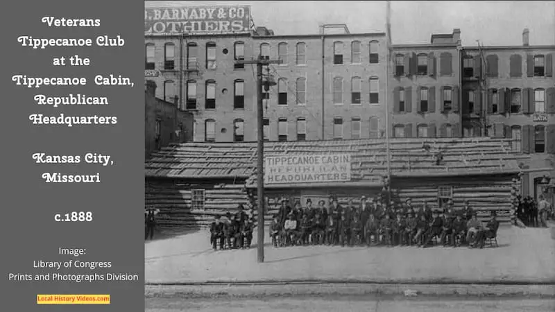 Old photo of the Veterans Tippecanoe Club assembled in front of the Tippecanoe Cabin, Republican Headquarters, at Kansas City, Missouri, taken around 1888