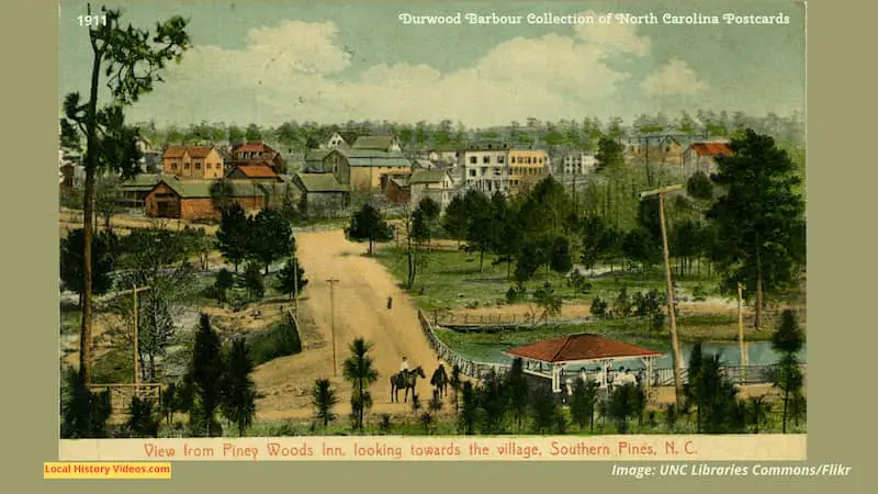 Old postcard of the view of Southern Pines, North Carolina, from Piney Woods Inn, in 1910
