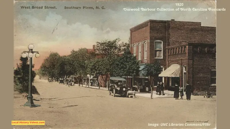 Old postcard of West Broad Street in Southern Pines, North Carolina
