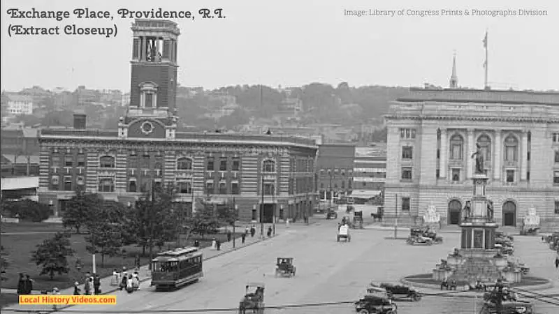 Closeup of an extract of an old black and white photo of Exchange Place in Providence, Rhode Island, taken in the early years of the 20th Century