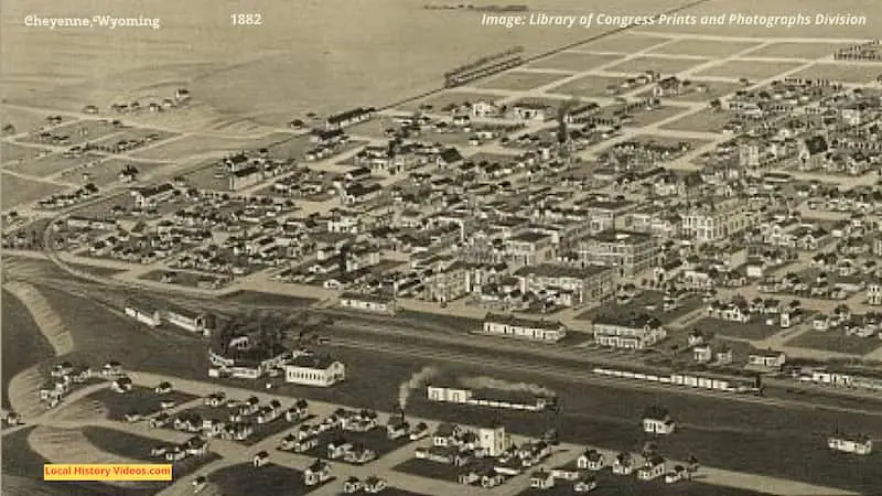 Closeup of an extract of the bird's-eye view image of Cheyenne, Wyoming, published in 1882