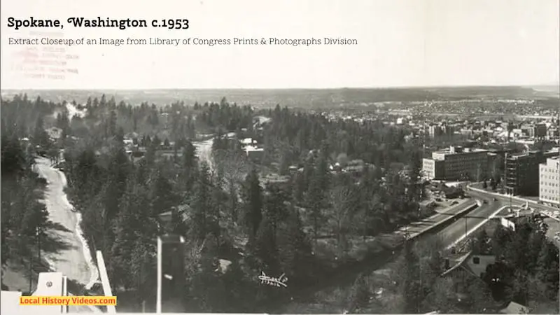 Closeup extract of an old photograph from about 1953 showing a panorama of Spokane in Washington