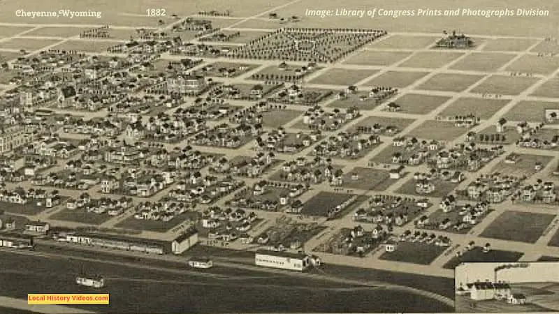 Closeup of an extract of the bird's-eye view image of Cheyenne, Wyoming, published in 1882