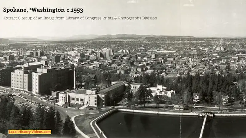 Closeup extract of an old photograph from about 1953 showing a panorama of Spokane in Washington