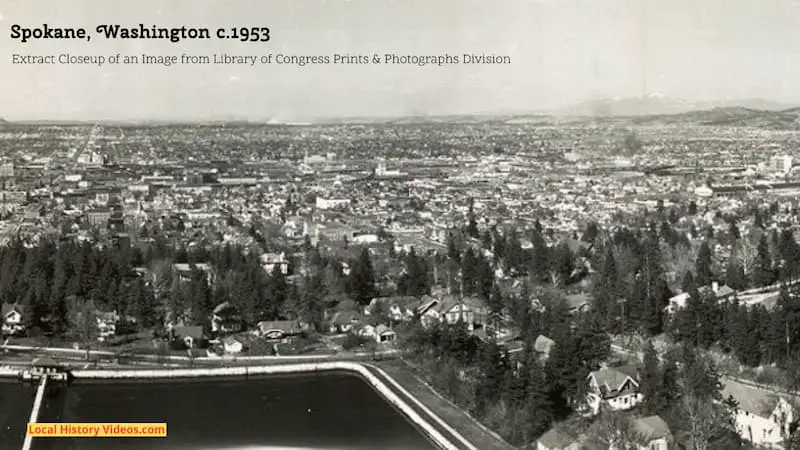 Closeup extract of an old photograph from about 1953 showing a panorama of Spokane in Washington