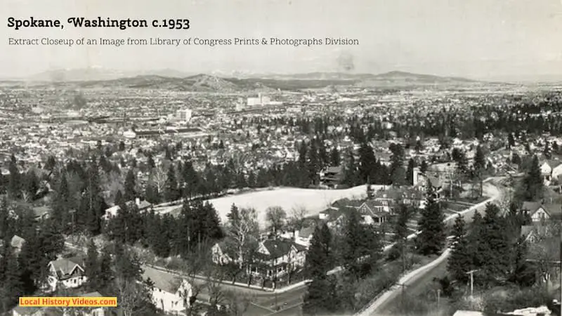 Closeup extract of an old photograph from about 1953 showing a panorama of Spokane in Washington