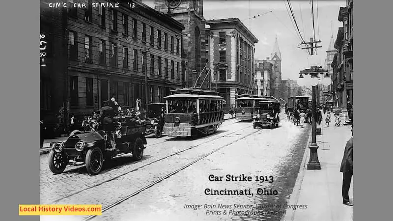 Old photo of a car strike taking place in Cincinnati, Ohio, in 1913