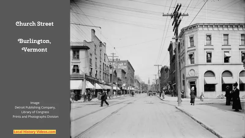 An old photo of Church Street in Burlington, Vermont, looking north from Bank Street