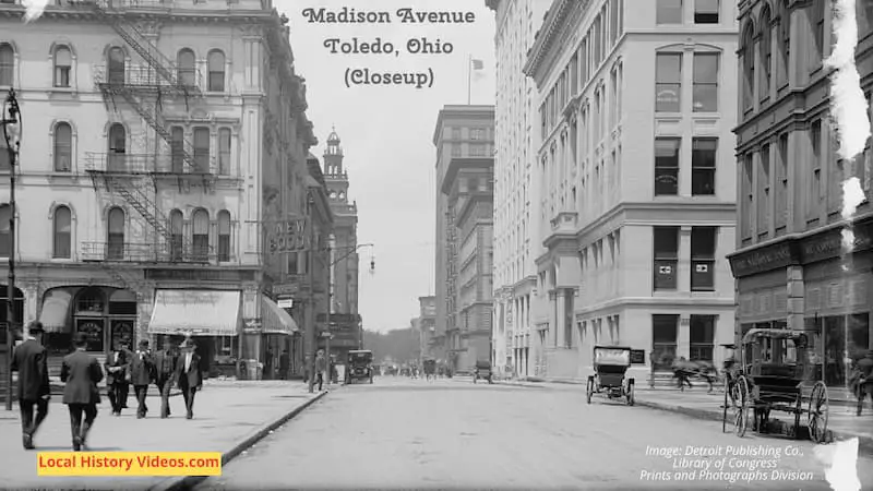 Closeup of an old photo of Madison Avenue in Toledo, Ohio, taken in the early years of the 20th Century