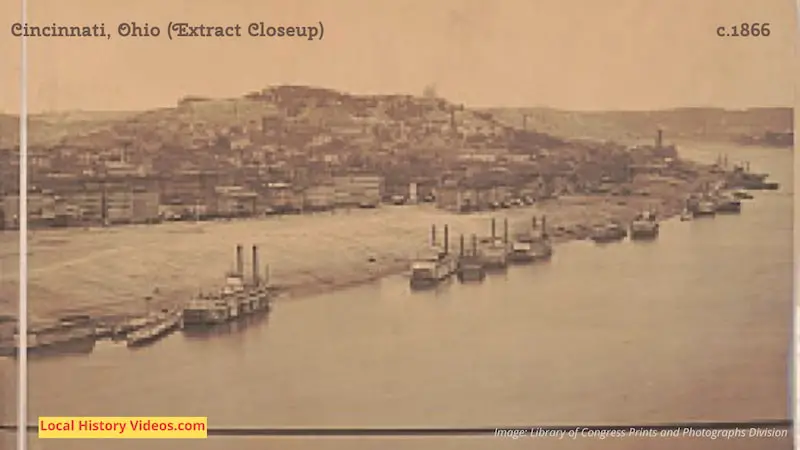 Closeup of an old photo of the riverfront at Cincinnati, Ohio, taken around 1866
