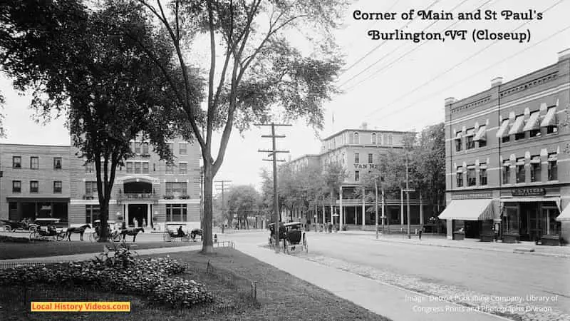 An old photo of the corner of Main Street and St Paul's Street in downtown Burlington, Vermont
