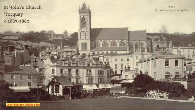 Old photo of St John's Church and the surrounding buildings in Torquay, taken between 1867 and 1880