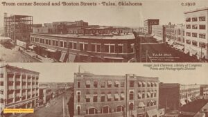 Old photo of Tulsa, Oklahoma, from the corner of Second and Boston Streets, taken by Jack Clarence around 1910