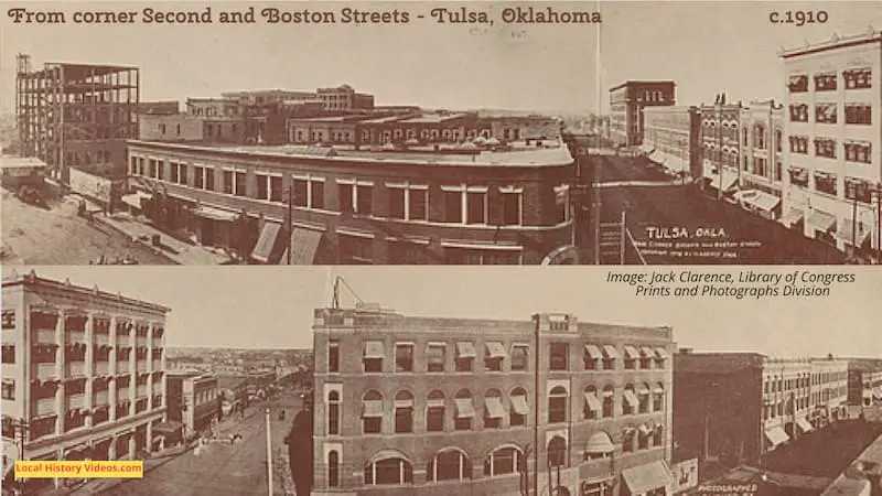 Old photo of Tulsa, Oklahoma, from the corner of Second and Boston Streets, taken by Jack Clarence around 1910