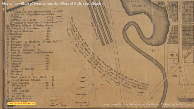 Extract from the bottom left corner of an old map of the village of Syracuse and Lodi, New York, in 1834