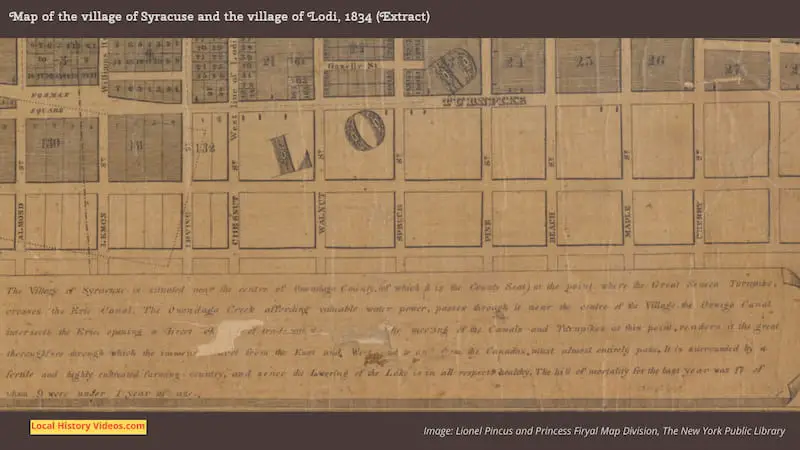 Extract from the bottom right of an old map of the village of Syracuse and Lodi, New York, in 1834