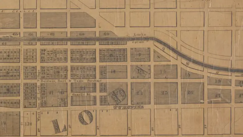 Extract from the centre right portion of an old map of the village of Syracuse and Lodi, New York, in 1834