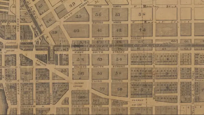 Extract from the central portion of an old map of the village of Syracuse and Lodi, New York, in 1834