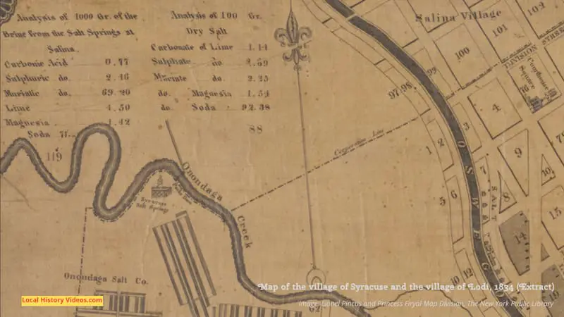 Extract from the top left of an old map of the village of Syracuse and Lodi, New York, in 1834