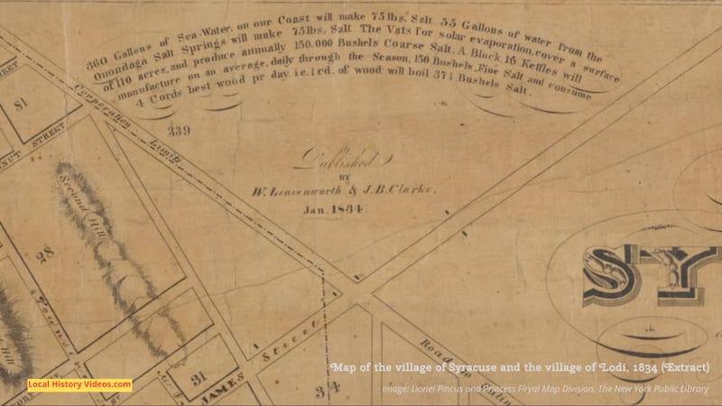 Extract from the top right of an old map of the village of Syracuse and Lodi, New York, in 1834
