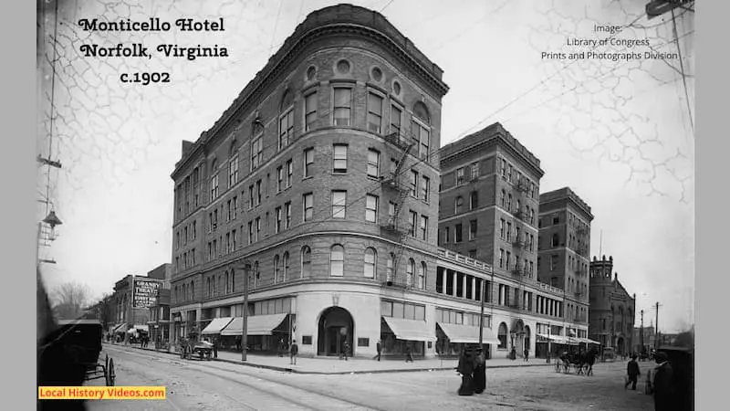 Old photo of the Monticello Hotel in Norfolk, Virginia, taken around 1902