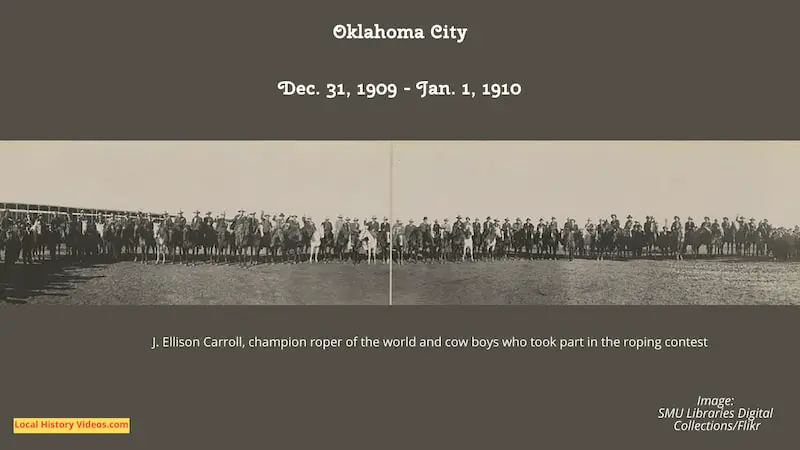 Old photo of the contestants at the roping contest in Oklahoma City from December 31, 1909 to January 1, 1910