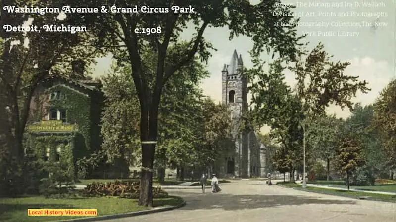 Old postcard of Washington Avenue and Grand Circus Park at Detroit around 1908, including the Michigan Conservatory of Music