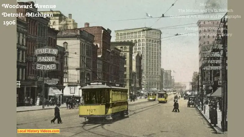 Old postcard of Woodward Avenue in Detroit, Michigan, from 1906