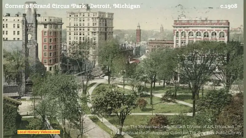 Old postcard of a corner of Grand Circus Park in Detroit, Michigan, from about 1908