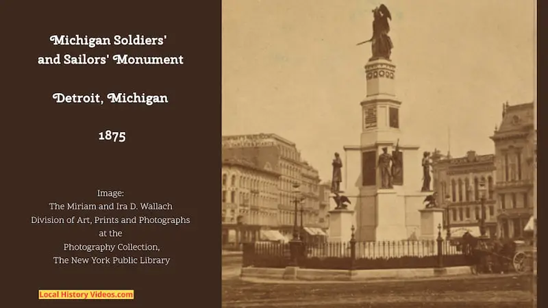 A photo from 1875 of the Michigan Soldiers and Sailors Monument in front of the old Detroit City Hall