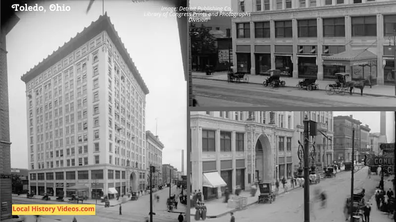 Old photo of a building in downtown Toledo, with two closeup images showing the horses and carts in the street outside