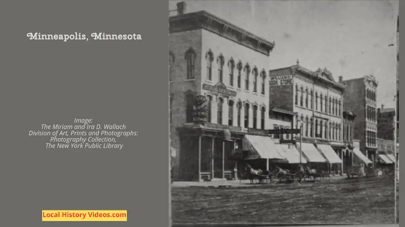 Old photo of horses and carts outside shops and businesses in Minneapolis, Minnesota
