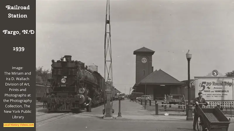 Old photo of the railroad station at Fargo, North Dakota, taken in 1939