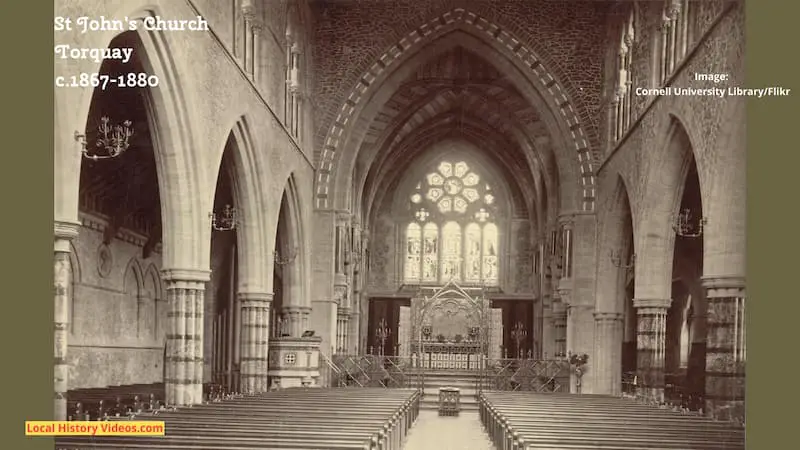 Old photo of the interior of St John's Church and the surrounding buildings in Torquay, taken between 1867 and 1880