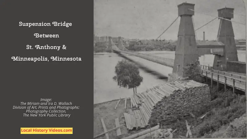 Old photo of the Father Louis Hennepin Suspension Bridge between St. Anthony and Minneapolis, Minnesota
