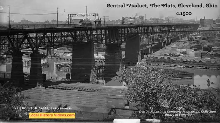 Old photo of the Central Viaduct bridge at The Flats, Cleveland, Ohio, taken between 1890 and 1901